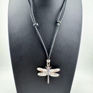 Signed A. Everson Dragonfly Pendant Canada Enamel Vintage Silver Tone Adjustable